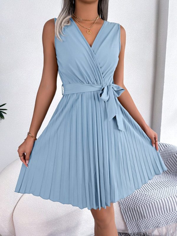 Elegant Cross V-Neck Sleeveless Pleated Waist Mini Dress - Image 2