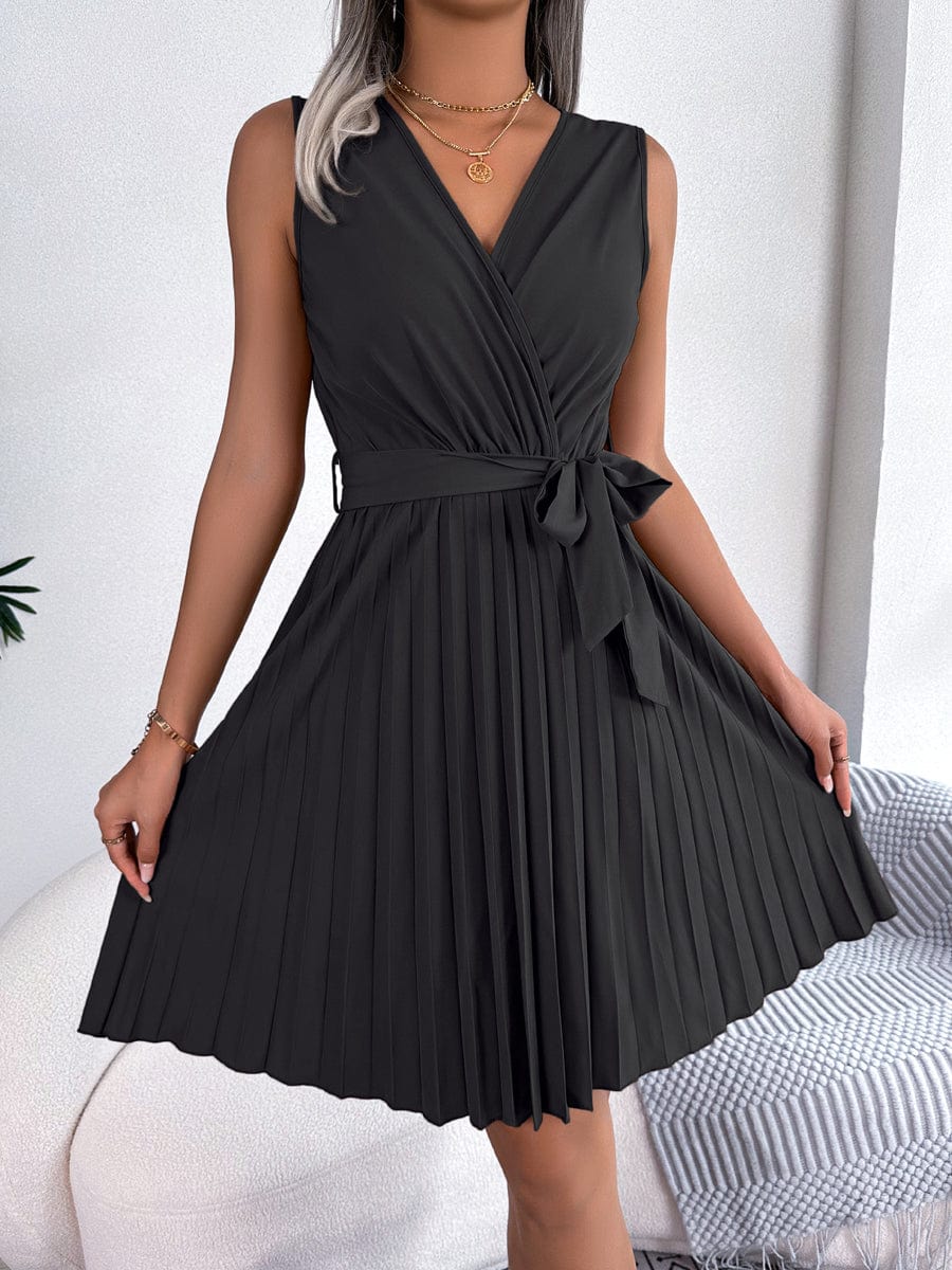 Elegant Cross V-Neck Sleeveless Pleated Waist Mini Dress - Image 5