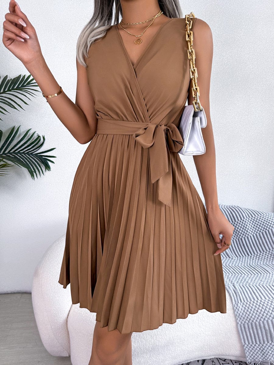 Elegant Cross V-Neck Sleeveless Pleated Waist Mini Dress - Image 6