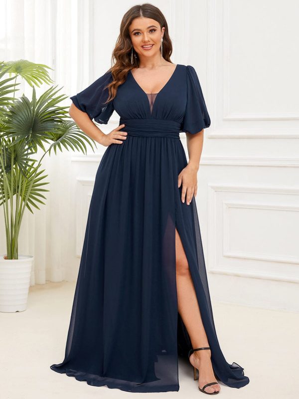Elegant Deep V-Neck A-Line Bridesmaid Dress with Half Puff Sleeves - Image 6
