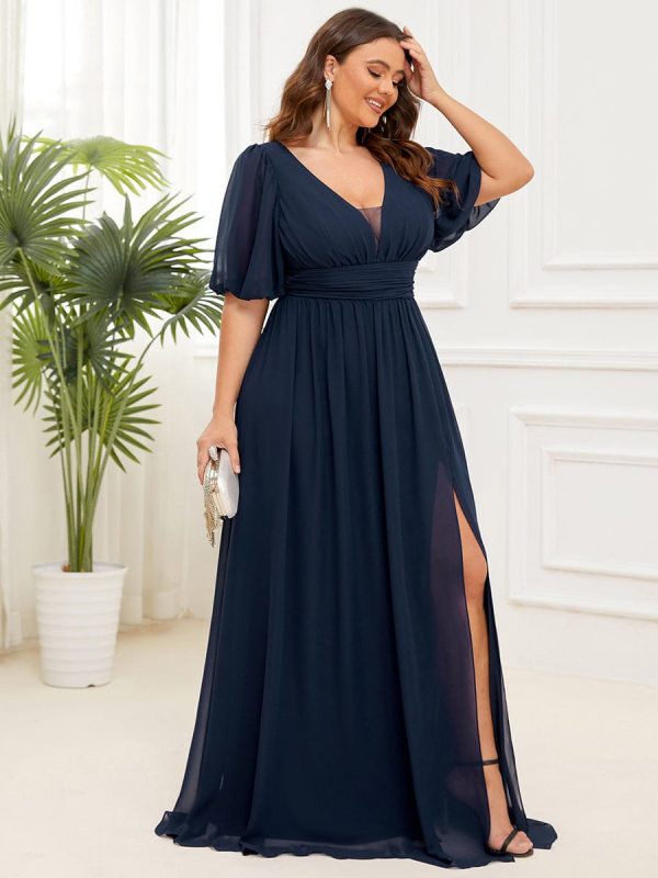 Elegant Deep V-Neck A-Line Bridesmaid Dress with Half Puff Sleeves - Image 9