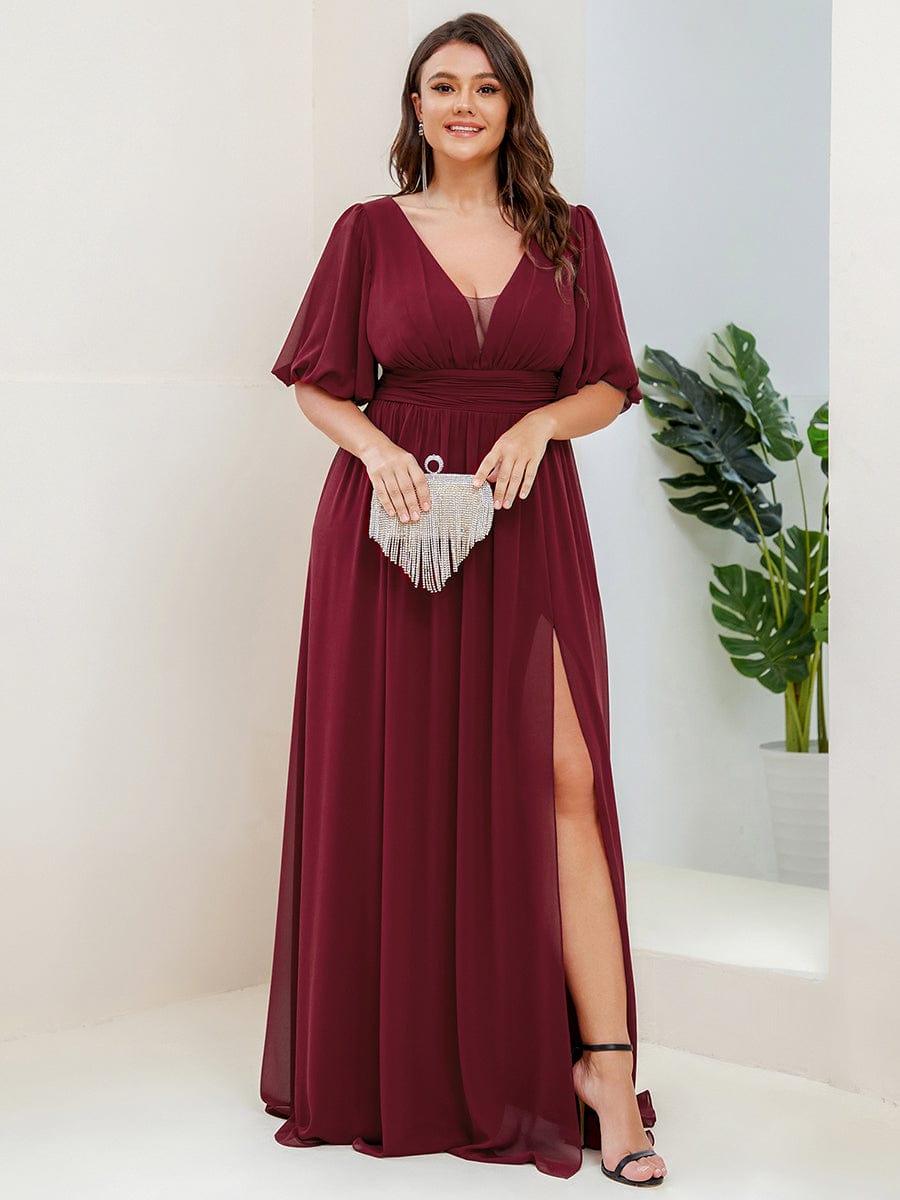 Elegant Deep V-Neck A-Line Bridesmaid Dress with Half Puff Sleeves - Image 2