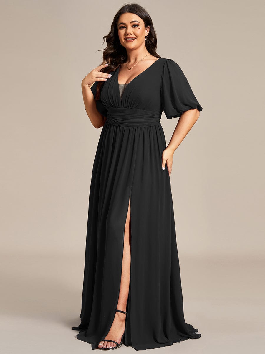 Elegant Deep V-Neck A-Line Bridesmaid Dress with Half Puff Sleeves - Image 14