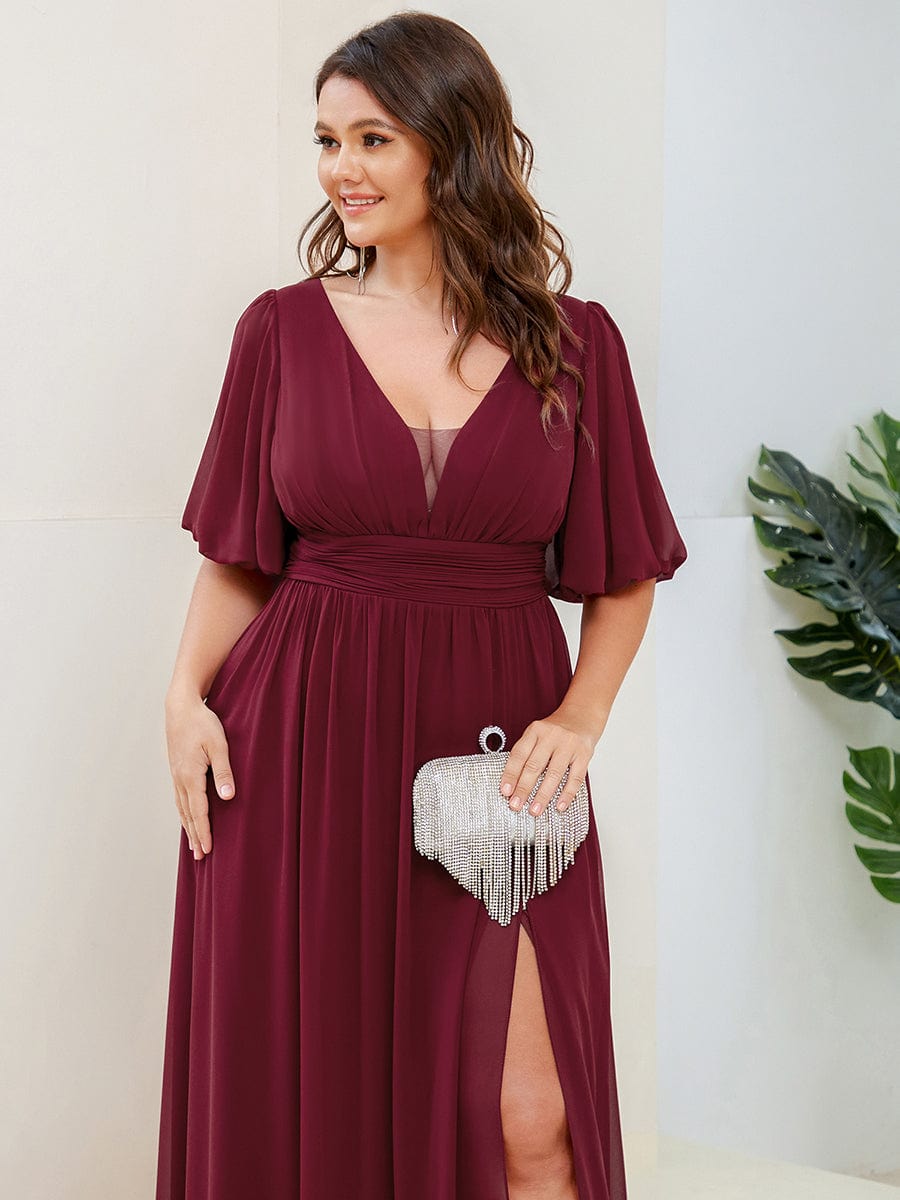 Elegant Deep V-Neck A-Line Bridesmaid Dress with Half Puff Sleeves - Image 5