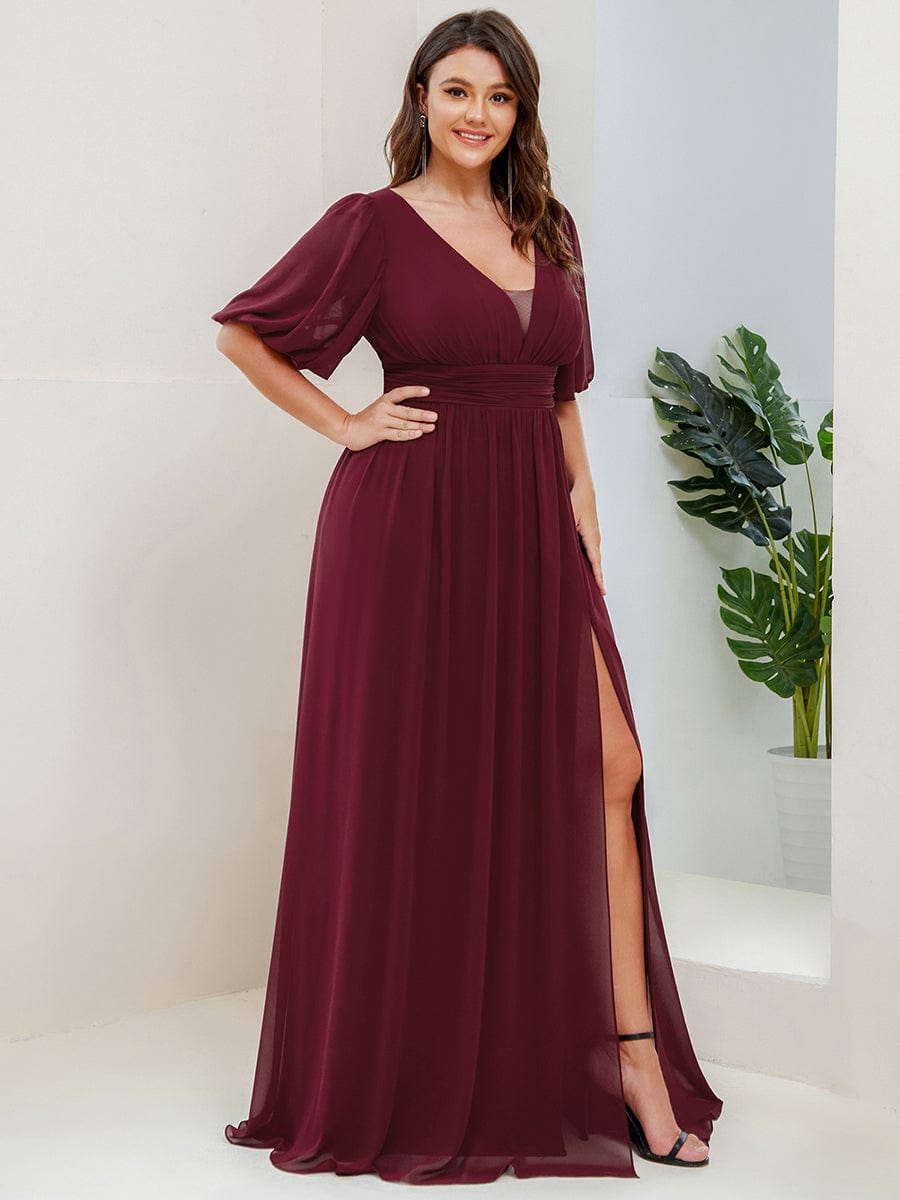Elegant Deep V-Neck A-Line Bridesmaid Dress with Half Puff Sleeves - Image 4