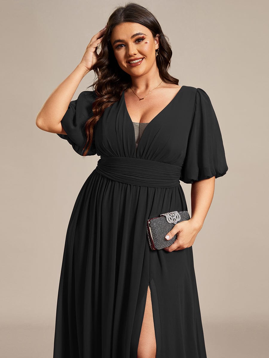 Elegant Deep V-Neck A-Line Bridesmaid Dress with Half Puff Sleeves - Image 15