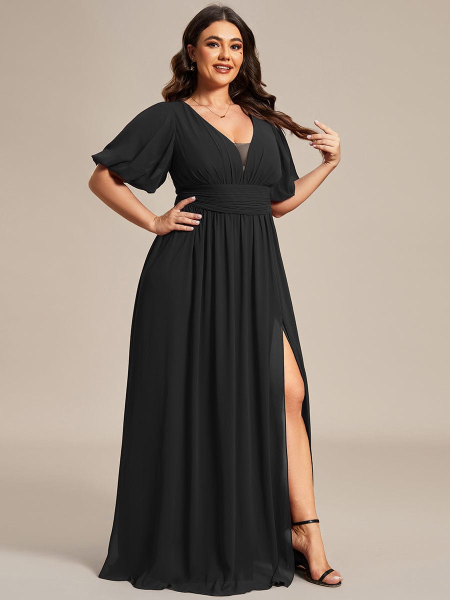 Elegant Deep V-Neck A-Line Bridesmaid Dress with Half Puff Sleeves - Image 13