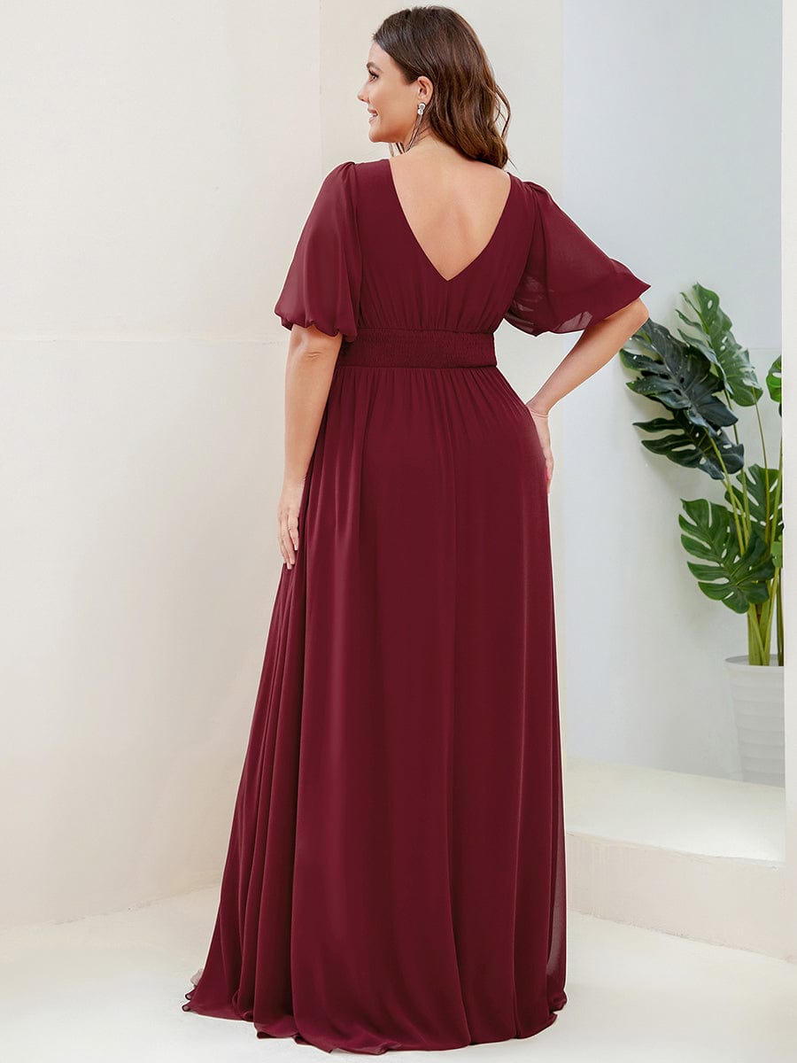 Elegant Deep V-Neck A-Line Bridesmaid Dress with Half Puff Sleeves - Image 3