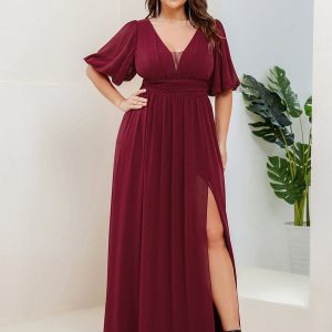 Elegant Deep V-Neck A-Line Bridesmaid Dress with Half Puff Sleeves