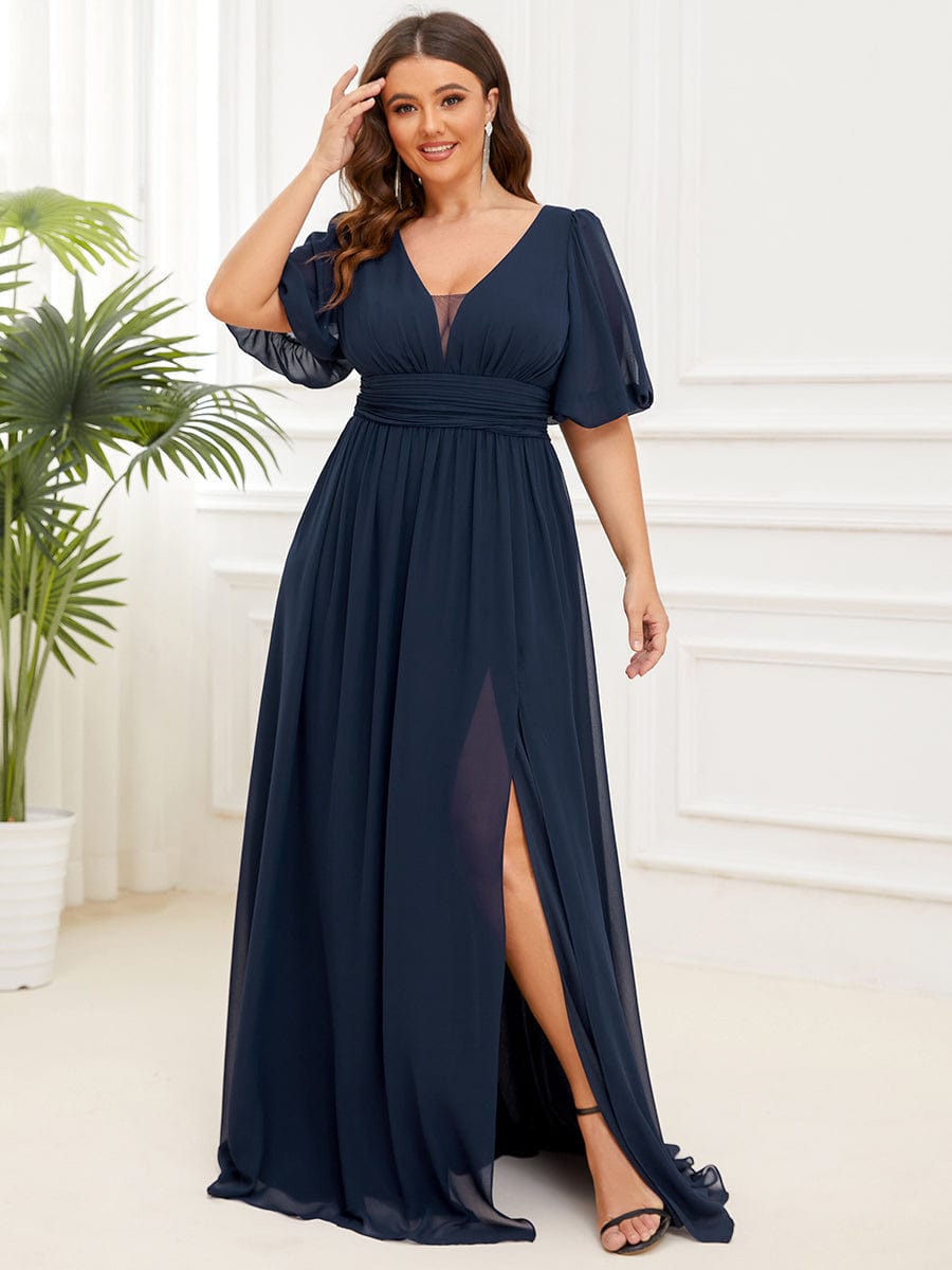 Elegant Deep V-Neck A-Line Bridesmaid Dress with Half Puff Sleeves - Image 7