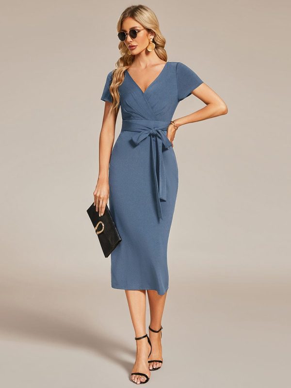 Elegant Deep V Neck Short Sleeve Cocktail Dress with Waist Belt - Image 26