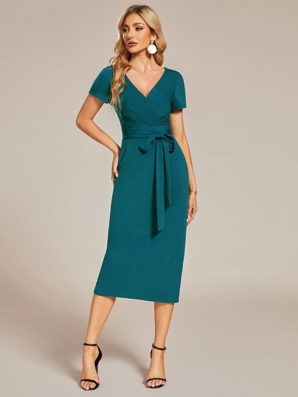 Elegant Deep V Neck Short Sleeve Cocktail Dress with Waist Belt - Image 28