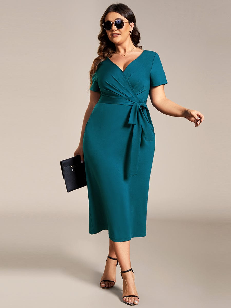 Elegant Deep V Neck Short Sleeve Cocktail Dress with Waist Belt - Image 29