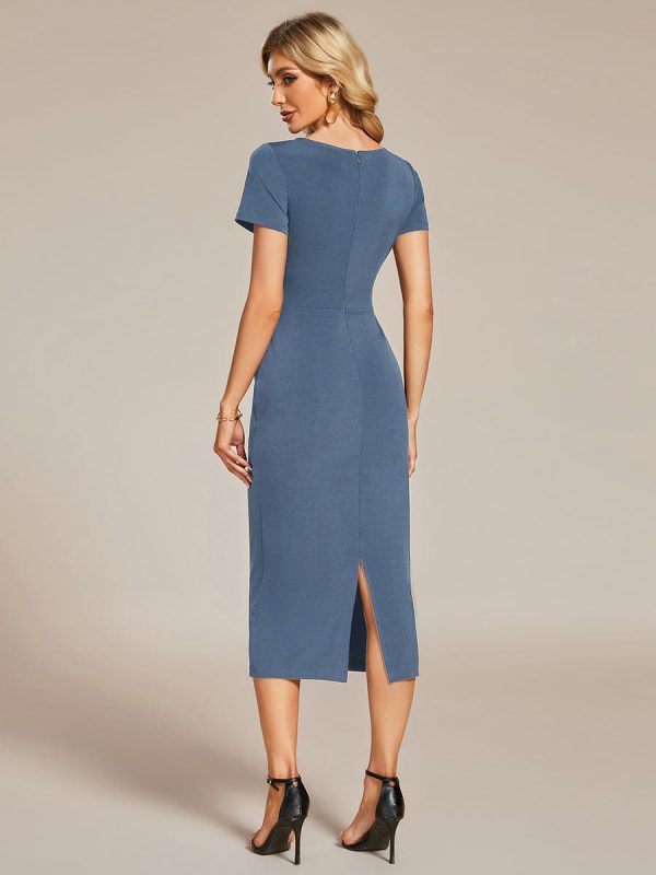 Elegant Deep V Neck Short Sleeve Cocktail Dress with Waist Belt - Image 34