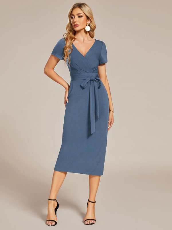 Elegant Deep V Neck Short Sleeve Cocktail Dress with Waist Belt - Image 36