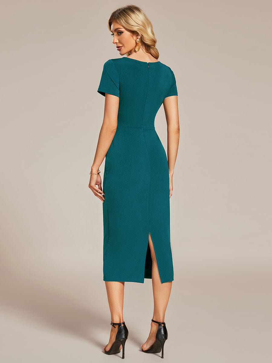 Elegant Deep V Neck Short Sleeve Cocktail Dress with Waist Belt - Image 39