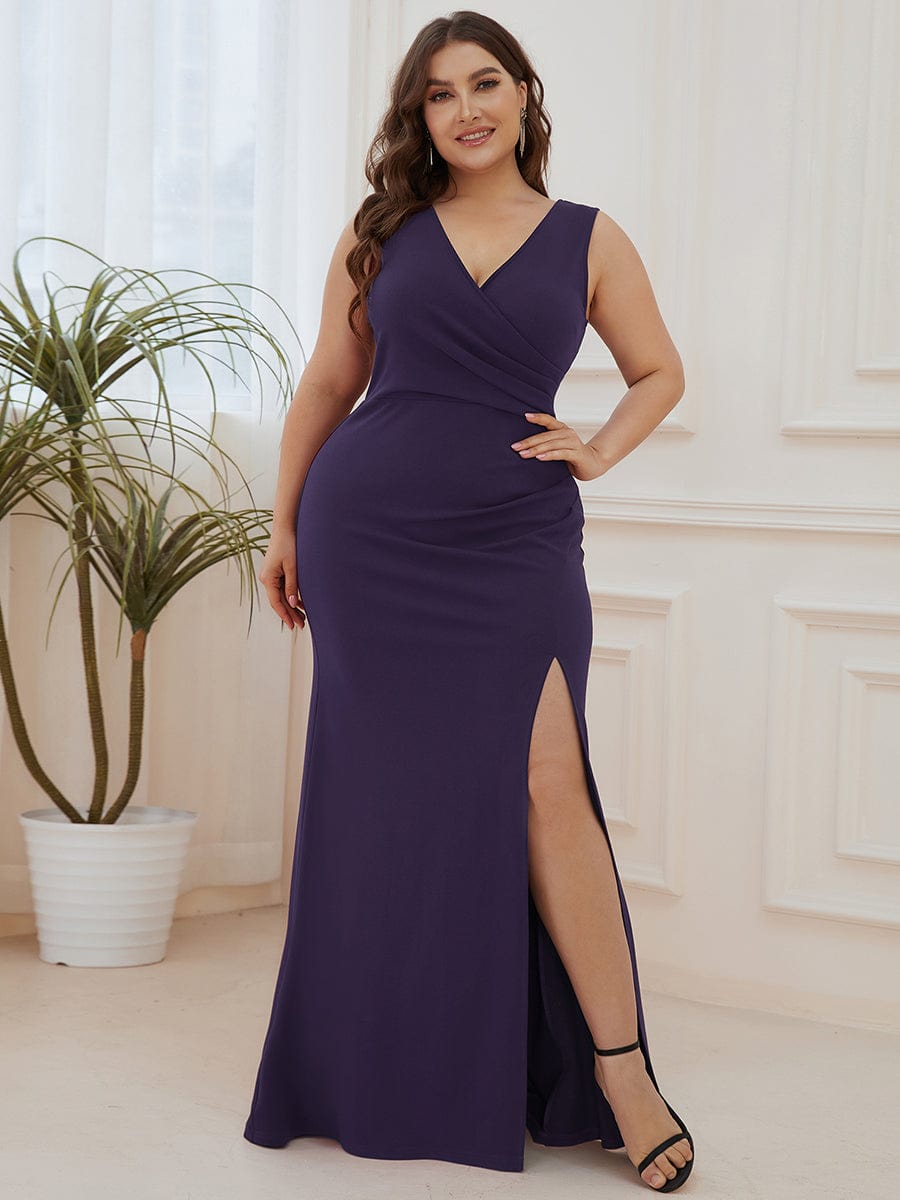 Elegant Deep V-Neck Split Pencil Evening Dress for Plus Sizes - Image 37