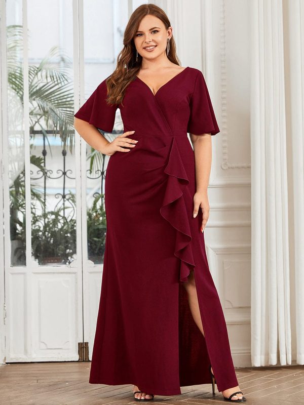 Elegant Fishtail Evening Gown with Ruffles Sleeves and Thigh-High Split - Image 7