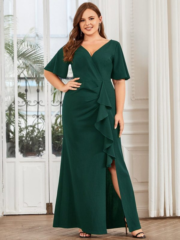 Elegant Fishtail Evening Gown with Ruffles Sleeves and Thigh-High Split - Image 15