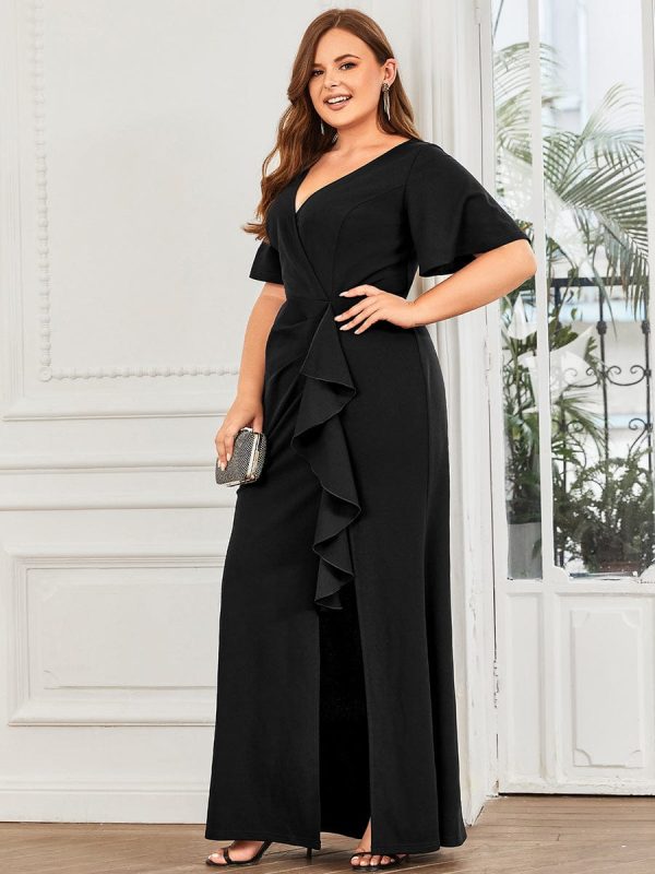 Elegant Fishtail Evening Gown with Ruffles Sleeves and Thigh-High Split - Image 11
