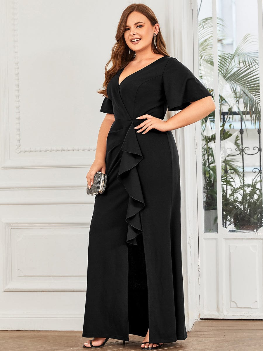Elegant Fishtail Evening Gown with Ruffles Sleeves and Thigh-High Split - Image 11