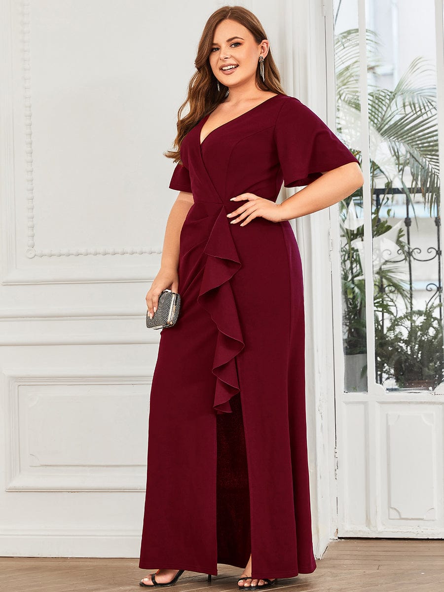 Elegant Fishtail Evening Gown with Ruffles Sleeves and Thigh-High Split - Image 6