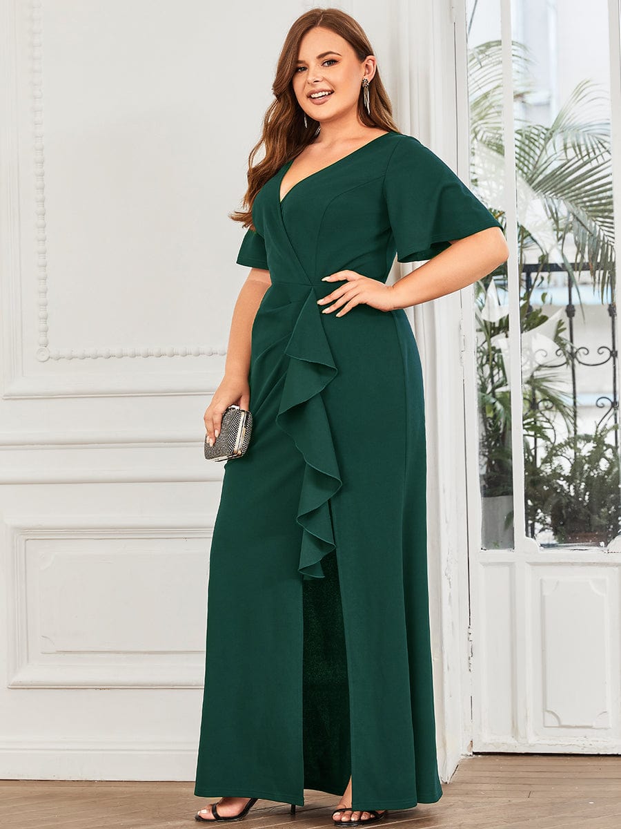 Elegant Fishtail Evening Gown with Ruffles Sleeves and Thigh-High Split - Image 17