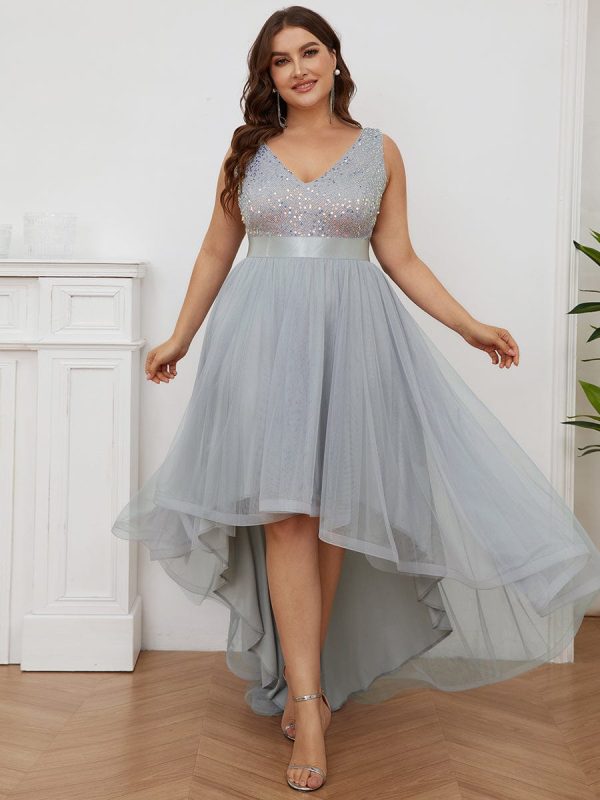 Elegant Glittery Plus Size Evening Dress with Chic Asymmetrical Deep V-Neck Hem