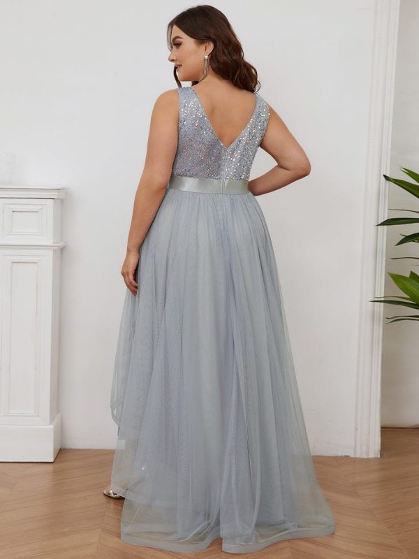 Elegant Glittery Plus Size Evening Dress with Chic Asymmetrical Deep V-Neck Hem - Image 3