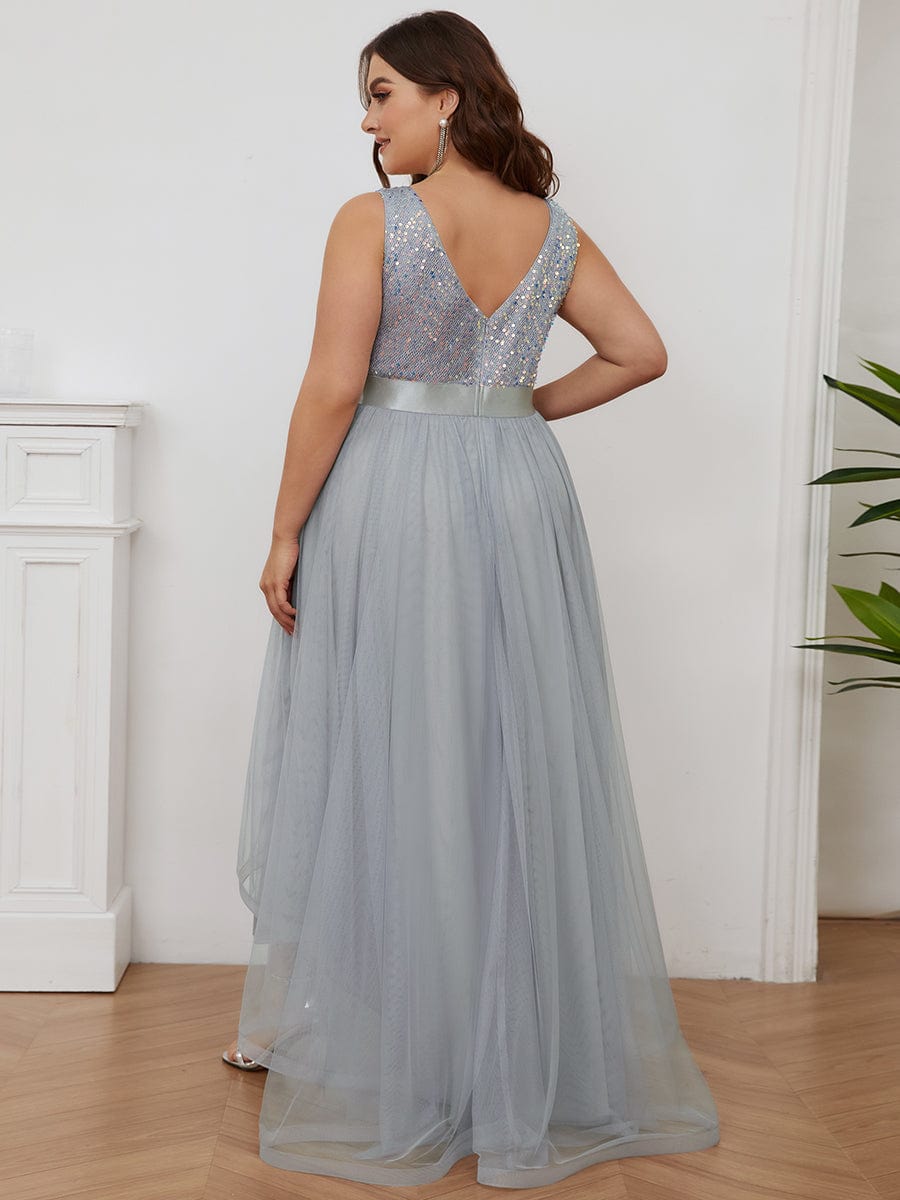 Elegant Glittery Plus Size Evening Dress with Chic Asymmetrical Deep V-Neck Hem - Image 3
