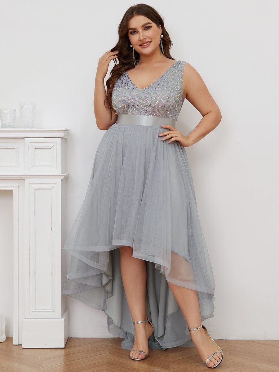 Elegant Glittery Plus Size Evening Dress with Chic Asymmetrical Deep V-Neck Hem - Image 2