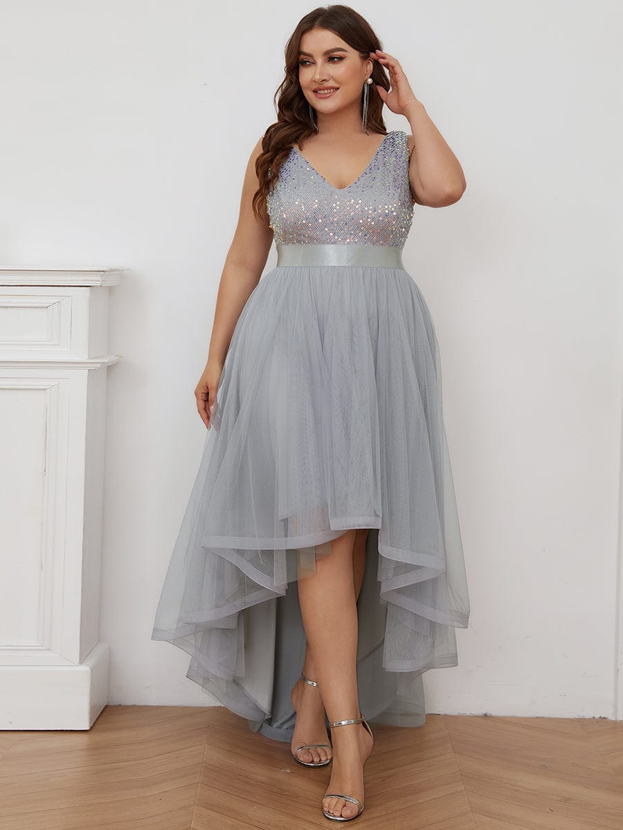Elegant Glittery Plus Size Evening Dress with Chic Asymmetrical Deep V-Neck Hem - Image 4