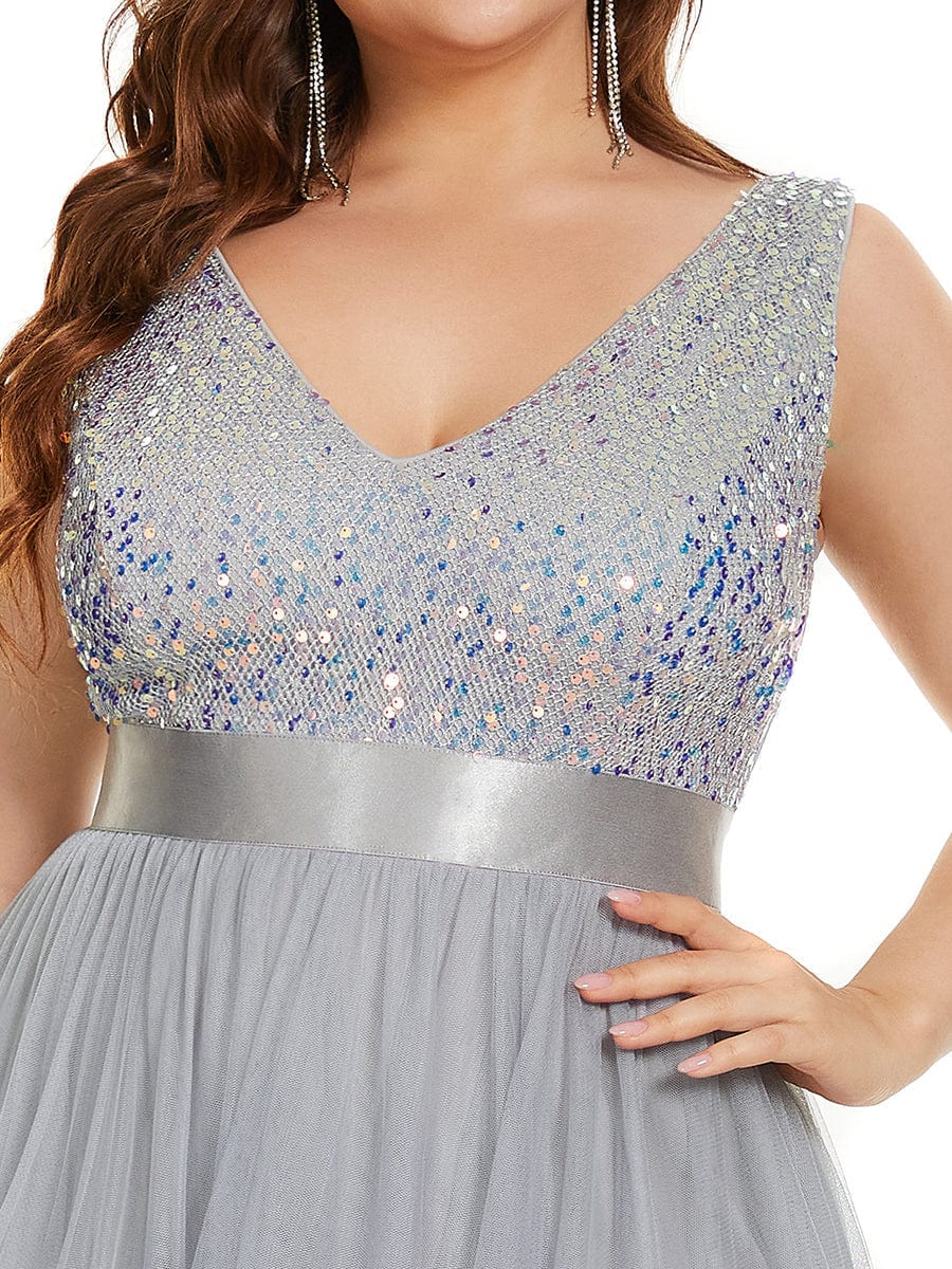 Elegant Glittery Plus Size Evening Dress with Chic Asymmetrical Deep V-Neck Hem - Image 5