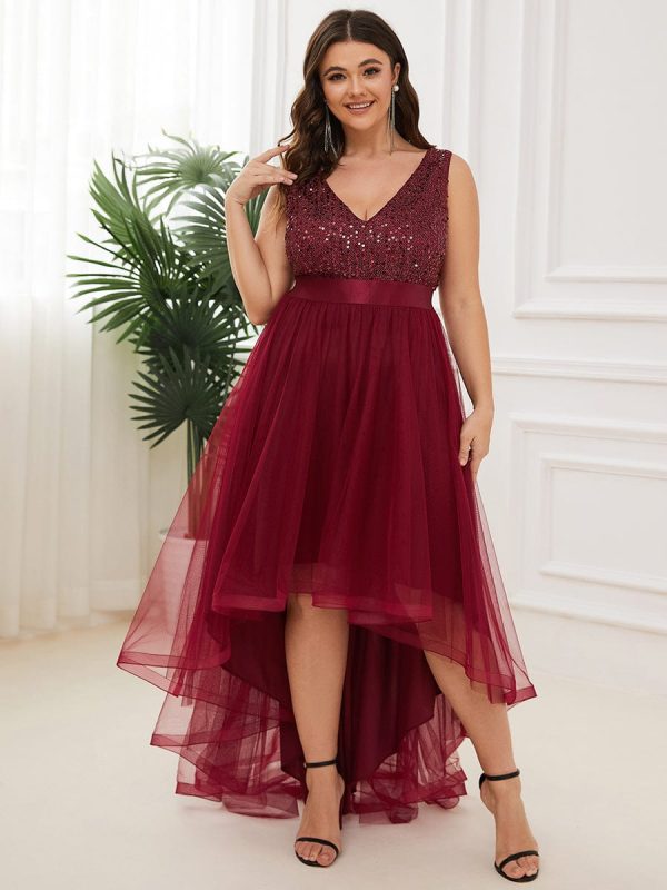 Elegant Glittery Plus Size Evening Dress with Chic Asymmetrical Deep V-Neck Hem - Image 6