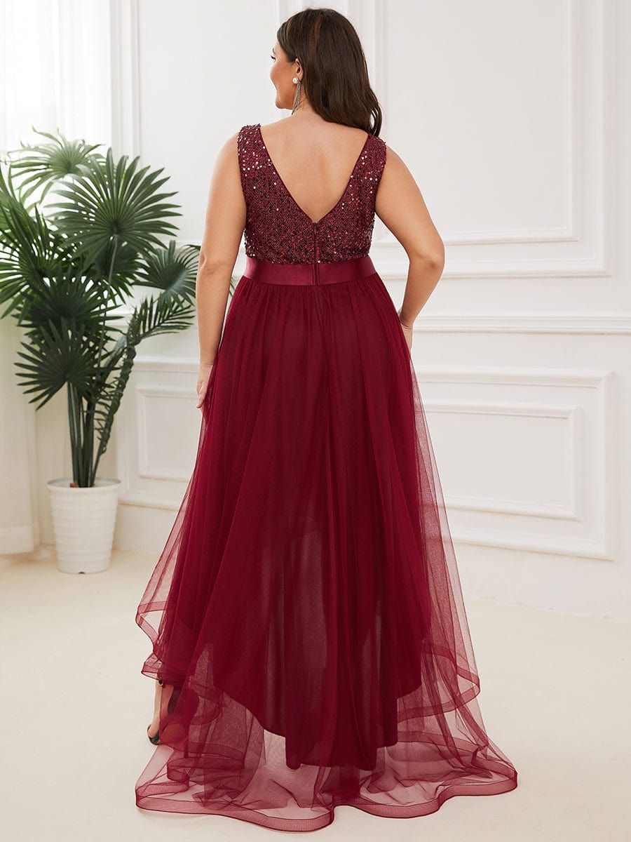 Elegant Glittery Plus Size Evening Dress with Chic Asymmetrical Deep V-Neck Hem - Image 7