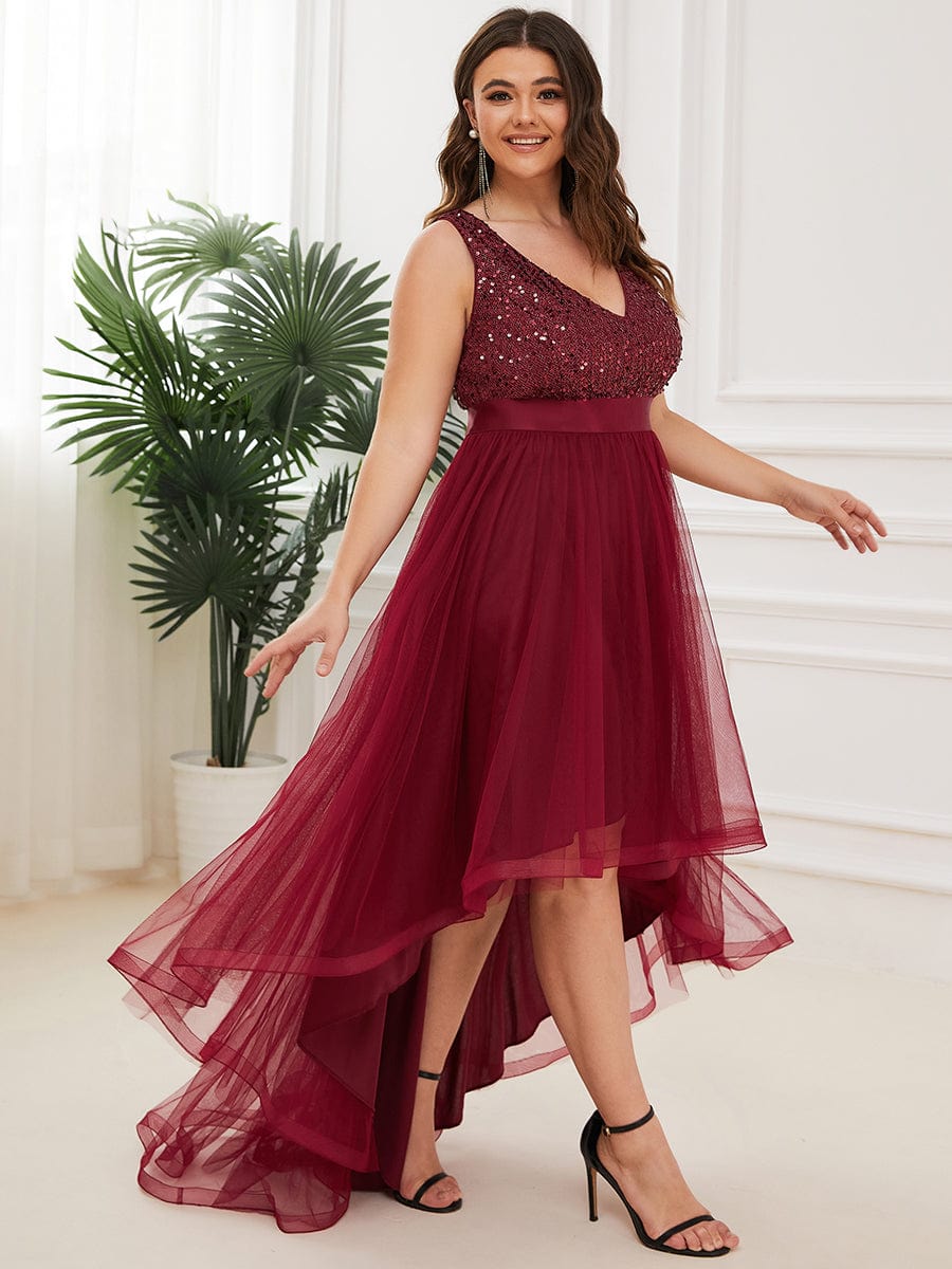 Elegant Glittery Plus Size Evening Dress with Chic Asymmetrical Deep V-Neck Hem - Image 8