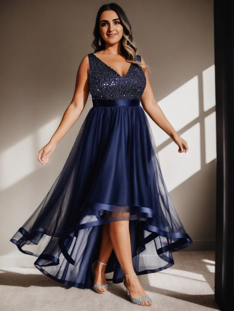 Elegant Glittery Plus Size Evening Dress with Chic Asymmetrical Deep V-Neck Hem - Image 11