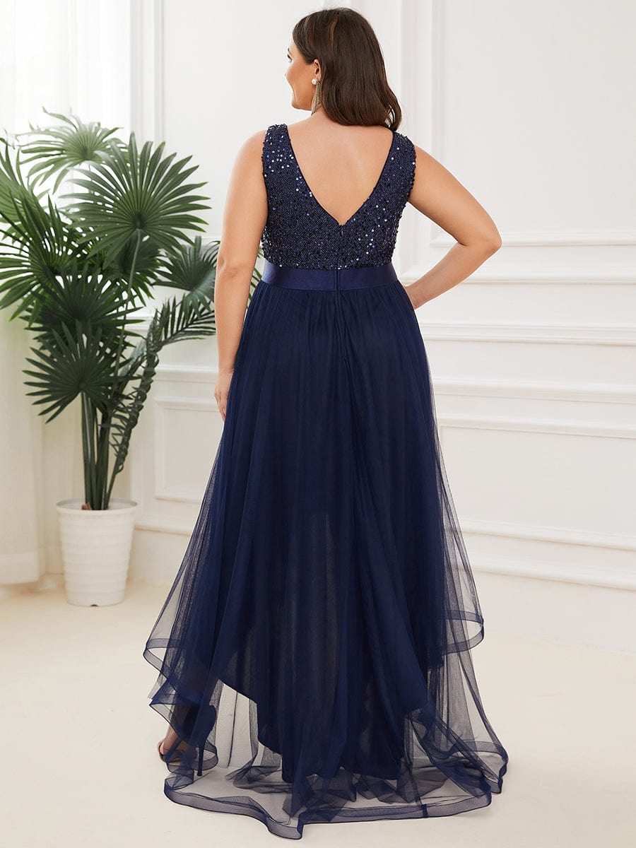 Elegant Glittery Plus Size Evening Dress with Chic Asymmetrical Deep V-Neck Hem - Image 14