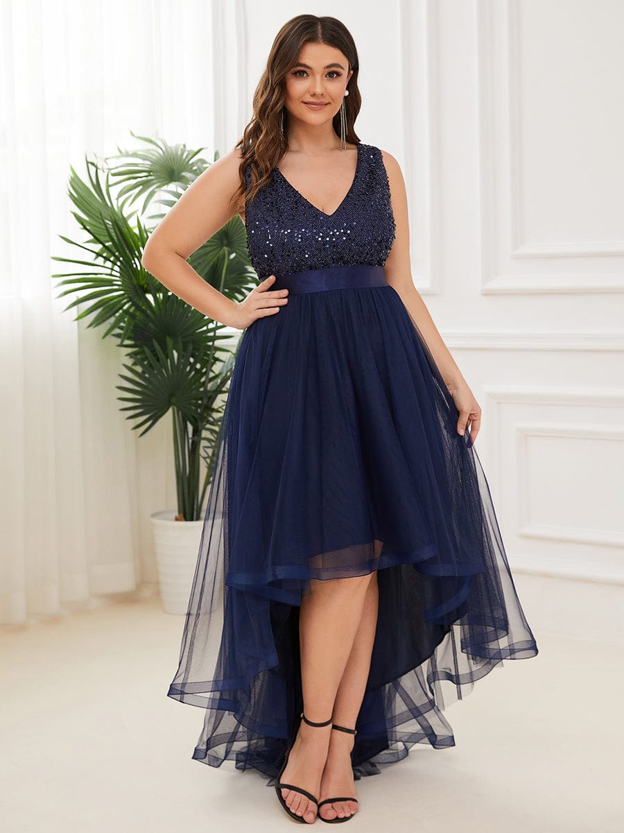 Elegant Glittery Plus Size Evening Dress with Chic Asymmetrical Deep V-Neck Hem - Image 15