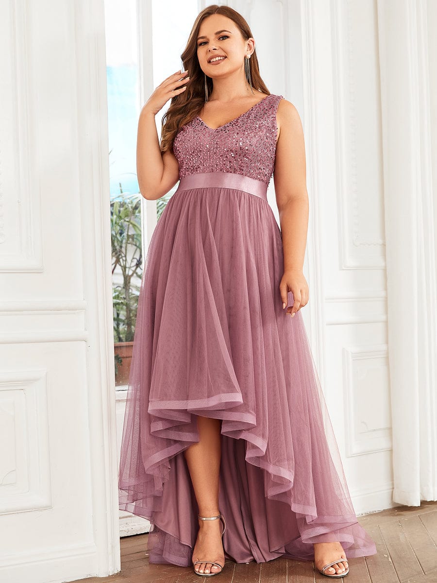 Elegant Glittery Plus Size Evening Dress with Chic Asymmetrical Deep V-Neck Hem - Image 17