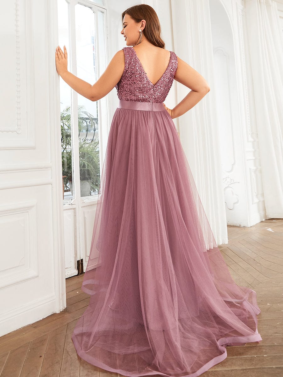 Elegant Glittery Plus Size Evening Dress with Chic Asymmetrical Deep V-Neck Hem - Image 18