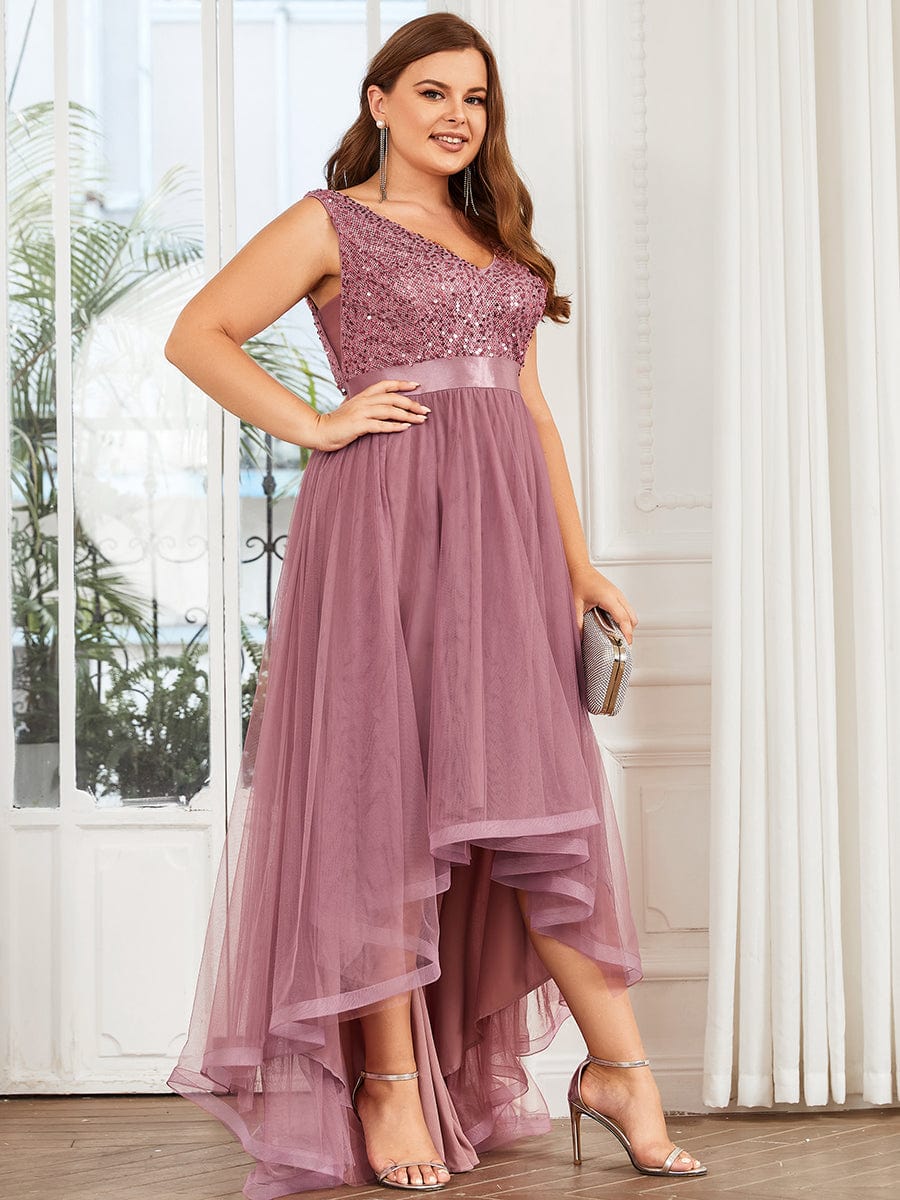 Elegant Glittery Plus Size Evening Dress with Chic Asymmetrical Deep V-Neck Hem - Image 20