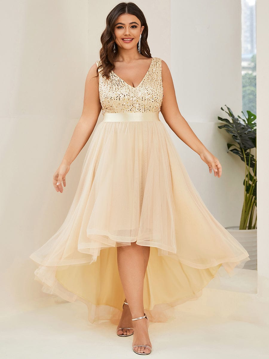 Elegant Glittery Plus Size Evening Dress with Chic Asymmetrical Deep V-Neck Hem - Image 22