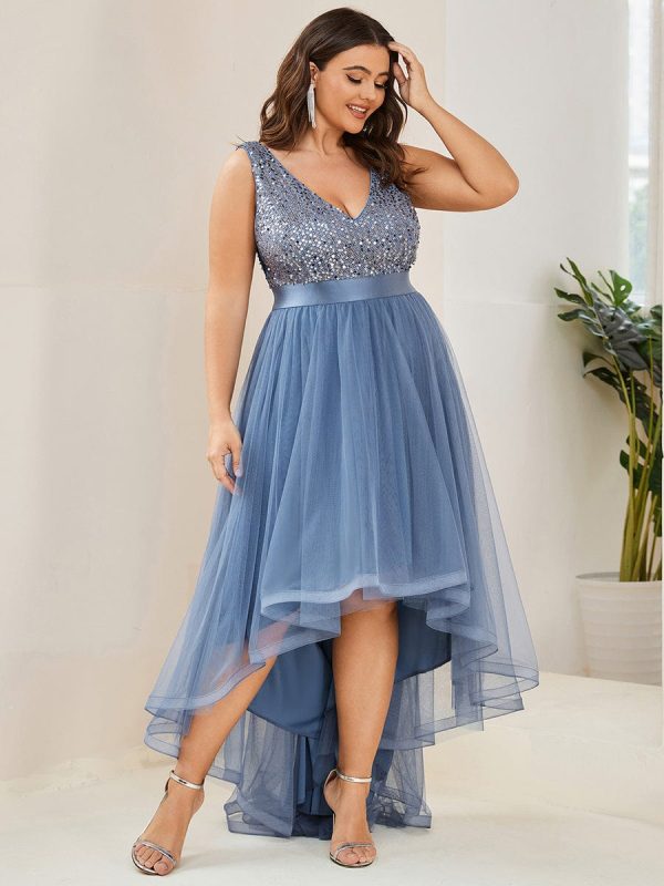 Elegant Glittery Plus Size Evening Dress with Chic Asymmetrical Deep V-Neck Hem - Image 23