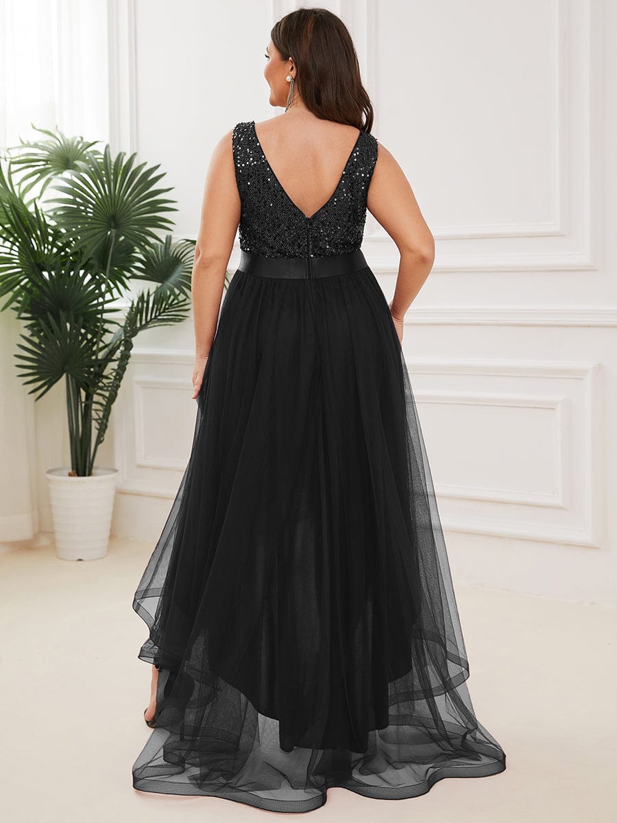 Elegant Glittery Plus Size Evening Dress with Chic Asymmetrical Deep V-Neck Hem - Image 26
