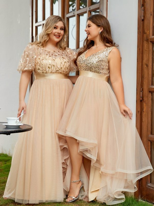 Elegant Glittery Plus Size Evening Dress with Chic Asymmetrical Deep V-Neck Hem - Image 30