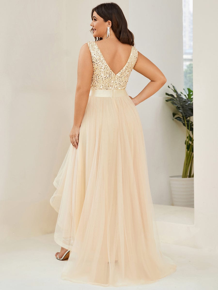 Elegant Glittery Plus Size Evening Dress with Chic Asymmetrical Deep V-Neck Hem - Image 31