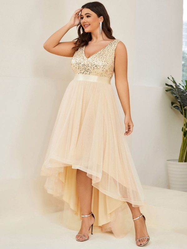 Elegant Glittery Plus Size Evening Dress with Chic Asymmetrical Deep V-Neck Hem - Image 32