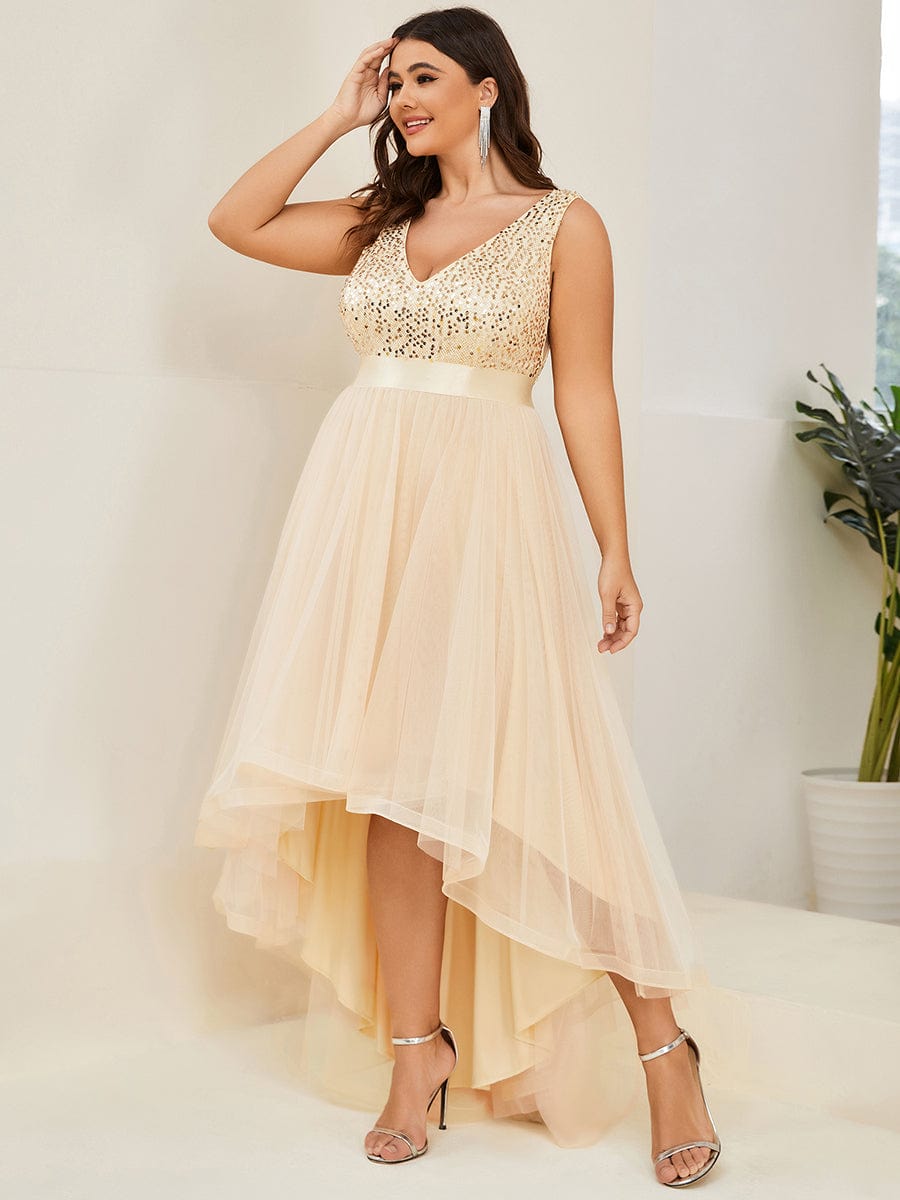 Elegant Glittery Plus Size Evening Dress with Chic Asymmetrical Deep V-Neck Hem - Image 32