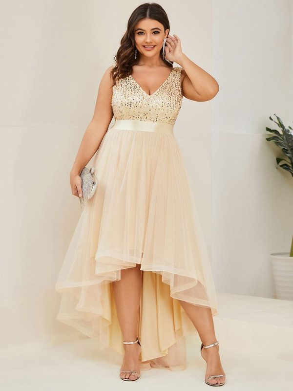Elegant Glittery Plus Size Evening Dress with Chic Asymmetrical Deep V-Neck Hem - Image 34